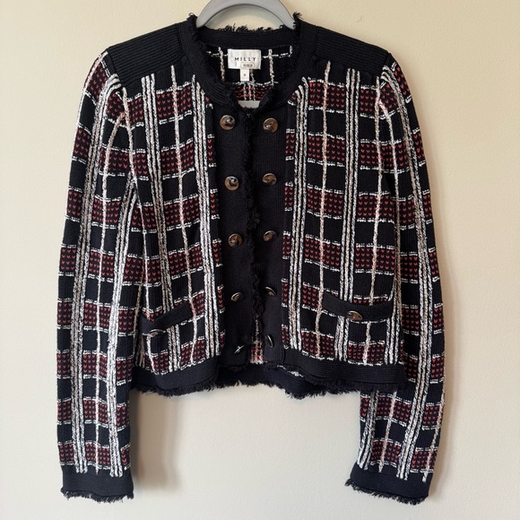 Milly Black Tweed Cardigan Red White Plaid Silver Buttons Size Medium - Picture 2 of 8